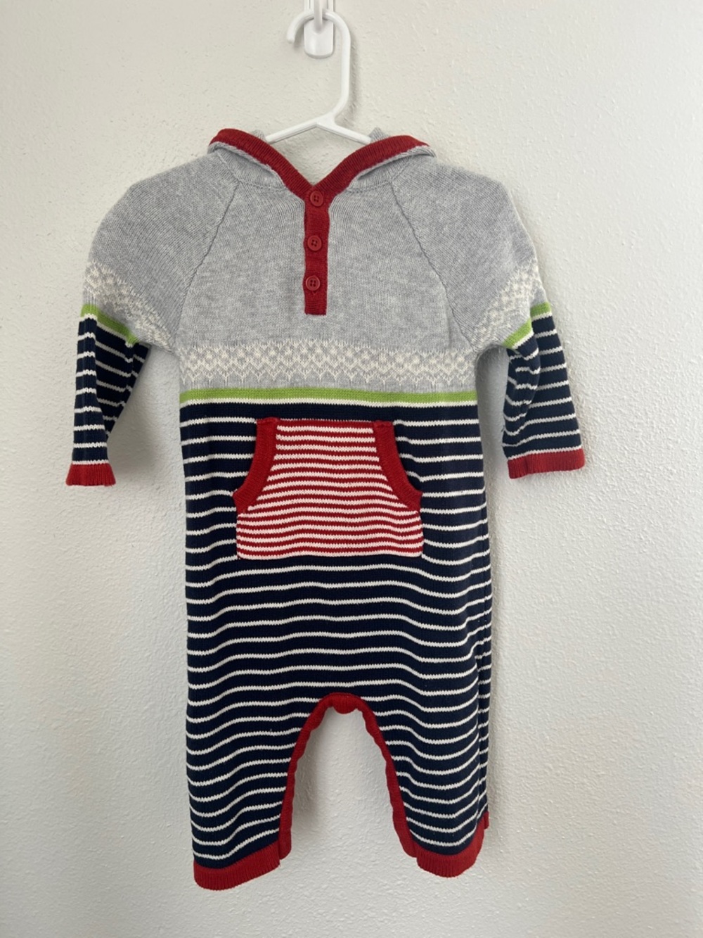 Hanna Anderson Striped Navy, Red and Gray Knit Hooded One-Piece with Red Trim